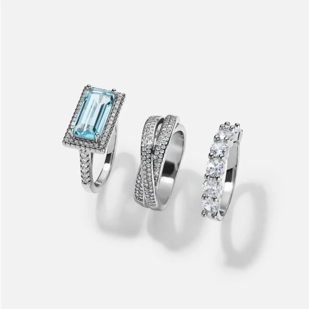 Aquamarine and Diamond 3 Ring Statement Stacked Ring Set - Women Jewelry Size 8